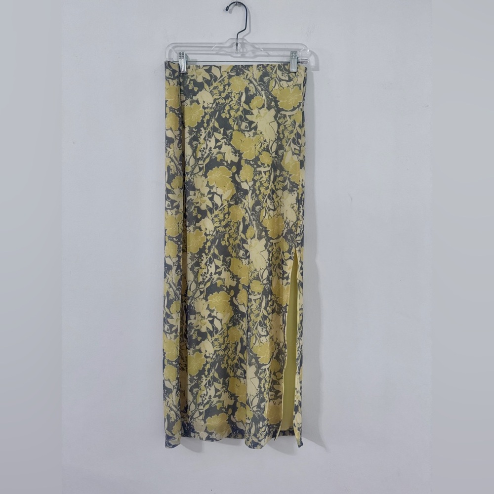 Free People Rosalie Mesh Yellow and Gray Floral Midi Skirt